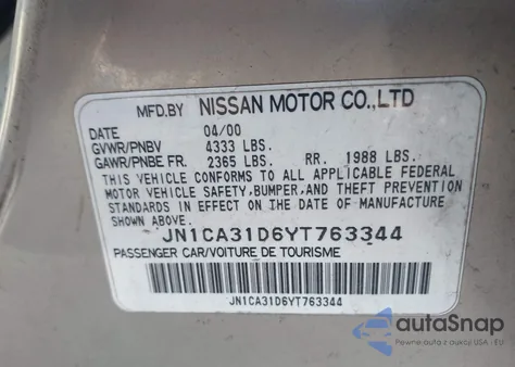 2000 Nissan Maxima Gle/Gxe/Se из США, поврежденный, VIN JN1CA31D6YT763344